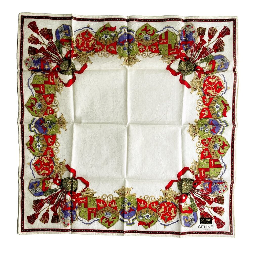CELINE Paris Vintage Cotton Scarf Heraldic Crest Tassel Equestrian 20” Square - Picture 2 of 14